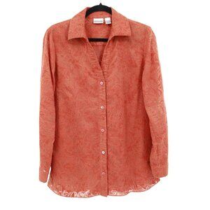 Chico's Corduroy Burnout Shirt Womens M Orange Western Preppy 70's Boho Academia
